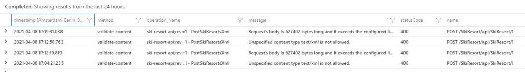 Preventions will generate exceptions, here seen in Application Insights